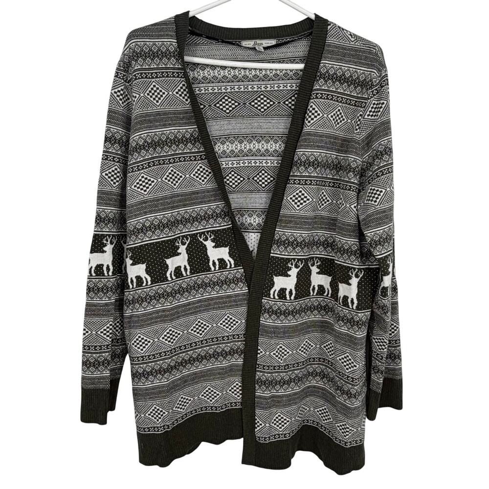 Bass Women's Green White Reindeer Fair Isle Nordic Open Cardigan Size XL